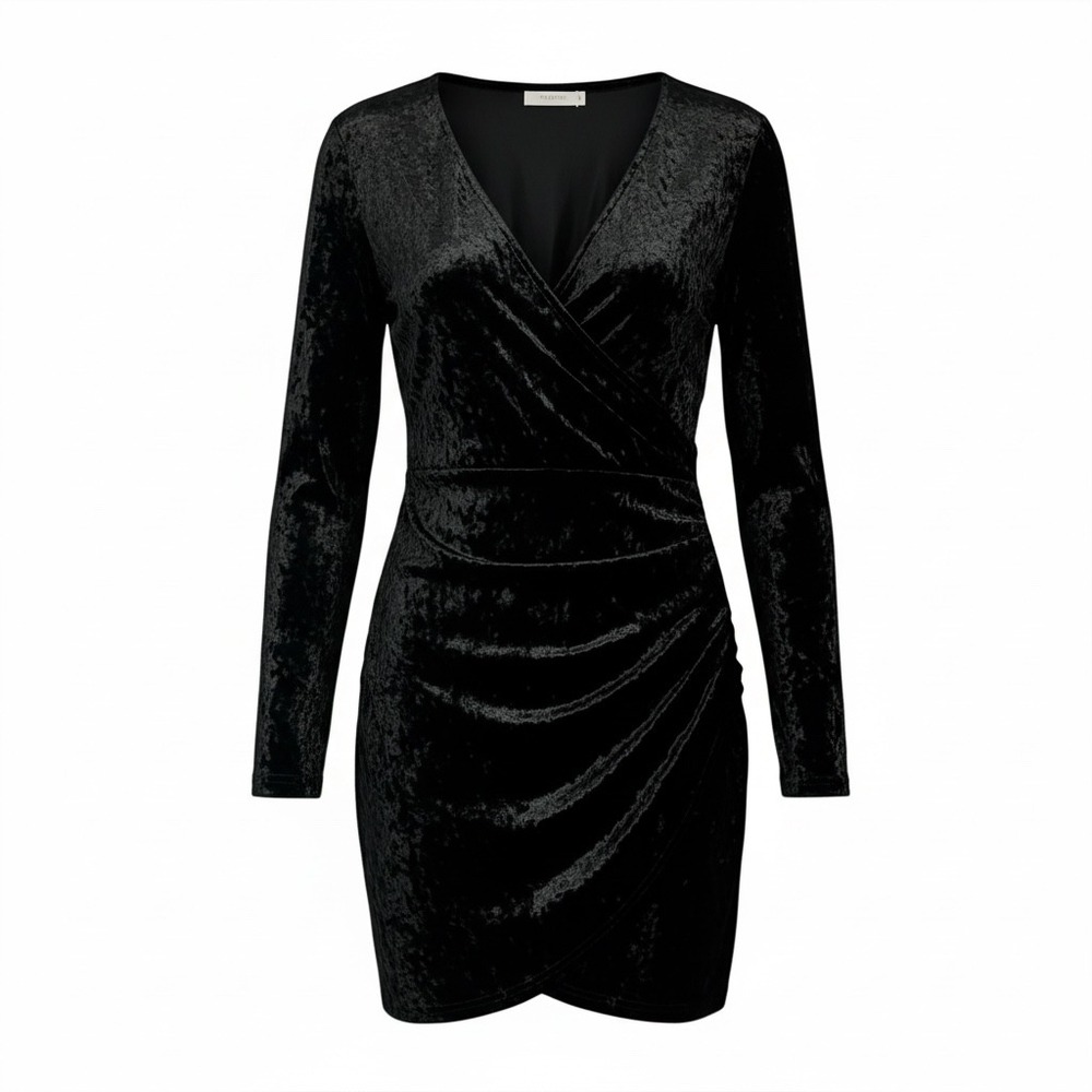 Tea & Cup Black Crushed Velvet Long Sleeve Ruched V-Neck Mini Dress Medium‎
